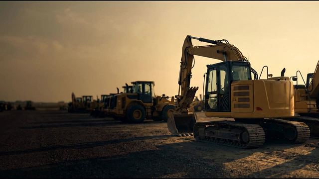 A yellow tracked excavator in the foreground with a row of wheel loaders lined up behind it on a gravel yard at sunset